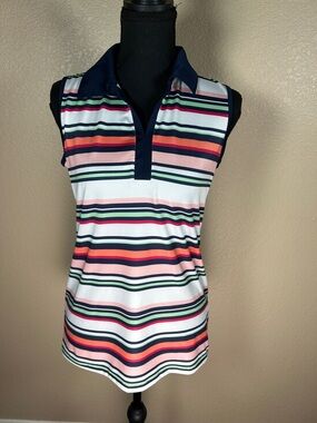 IZOD Striped Sleeveless Golf Polo Tank Top Petite Small Navy Multi